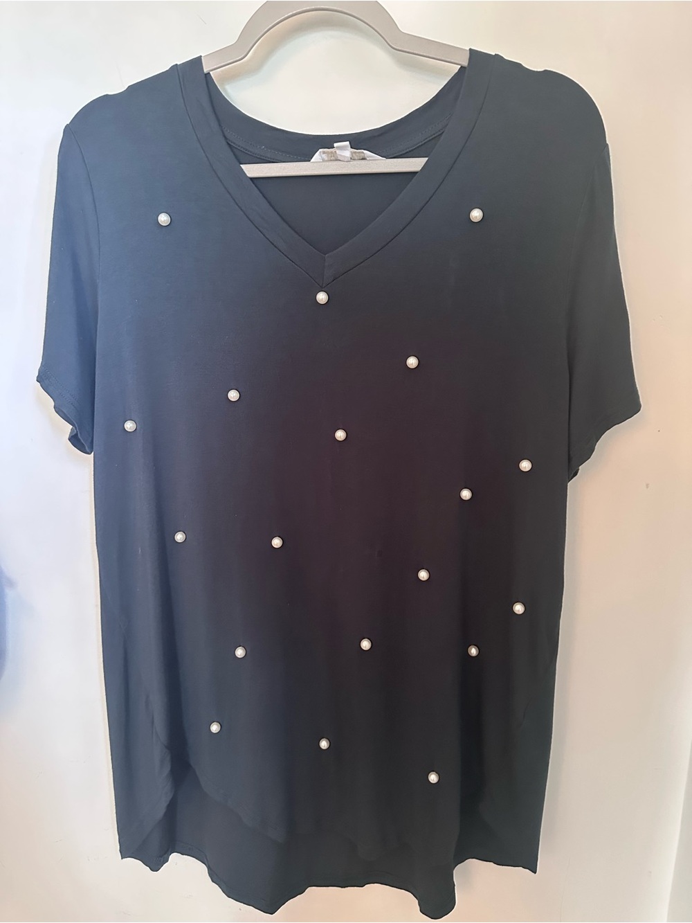 Amaryllis Black V-Neck Short Sleeve Tee with Pearl Accents